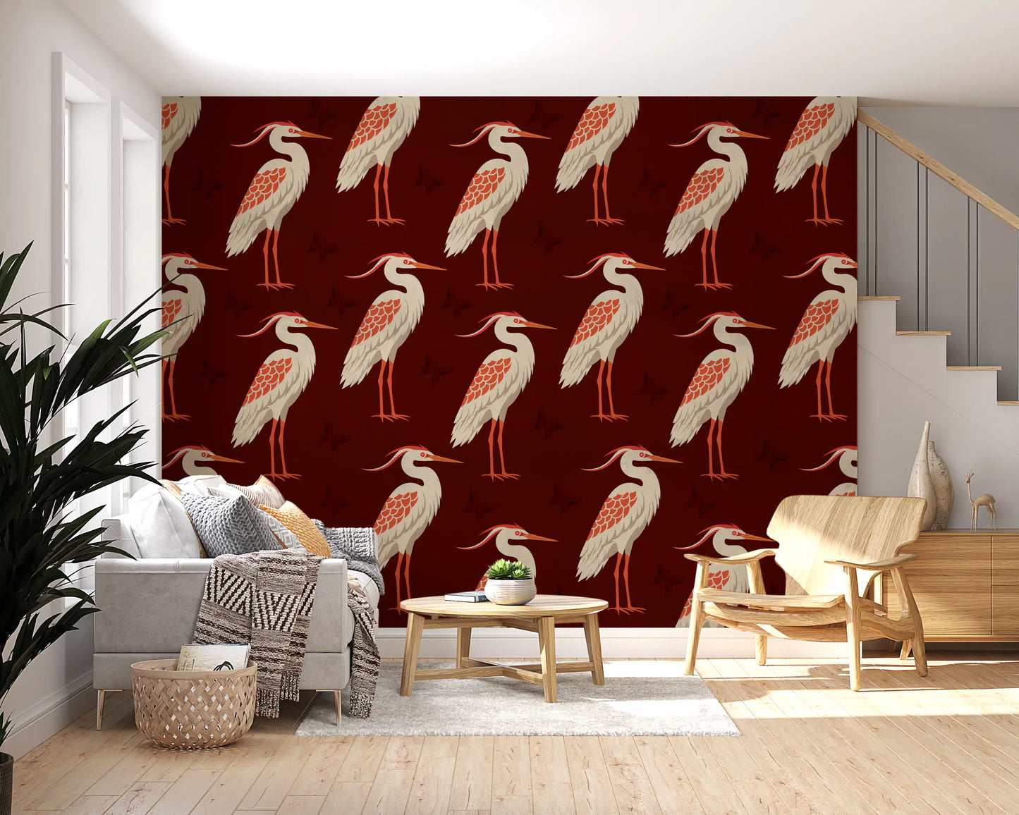 Burgundy Butterflies wall mural creating drama in a long hallway