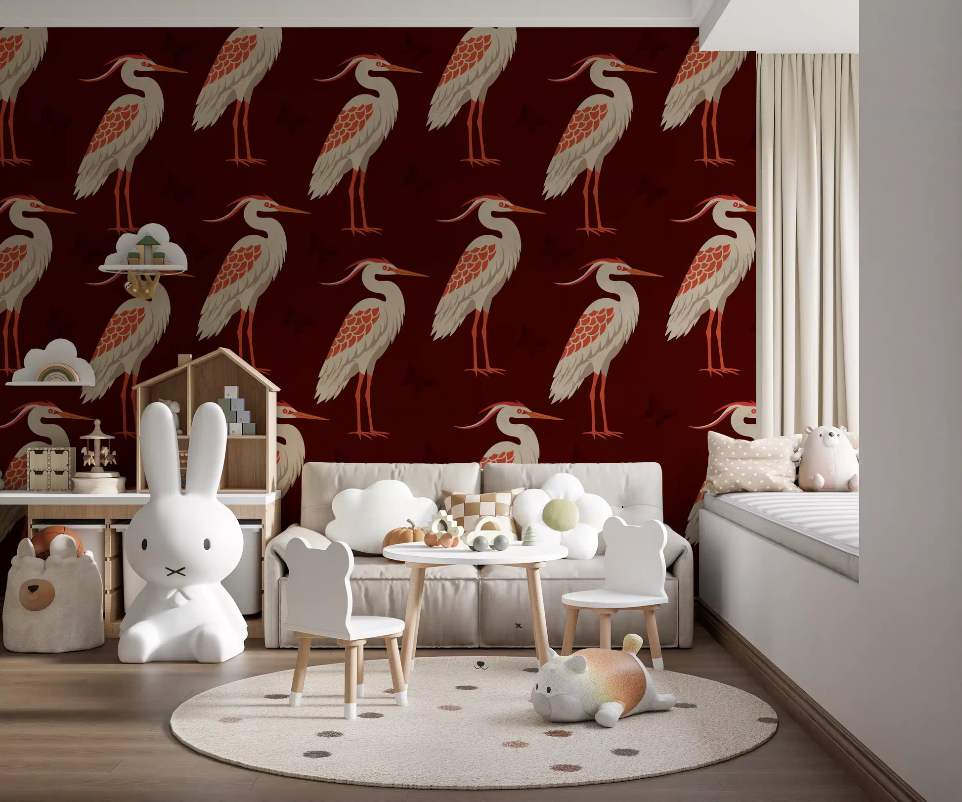 Burgundy Heron wall mural giving character to a nursery play area 