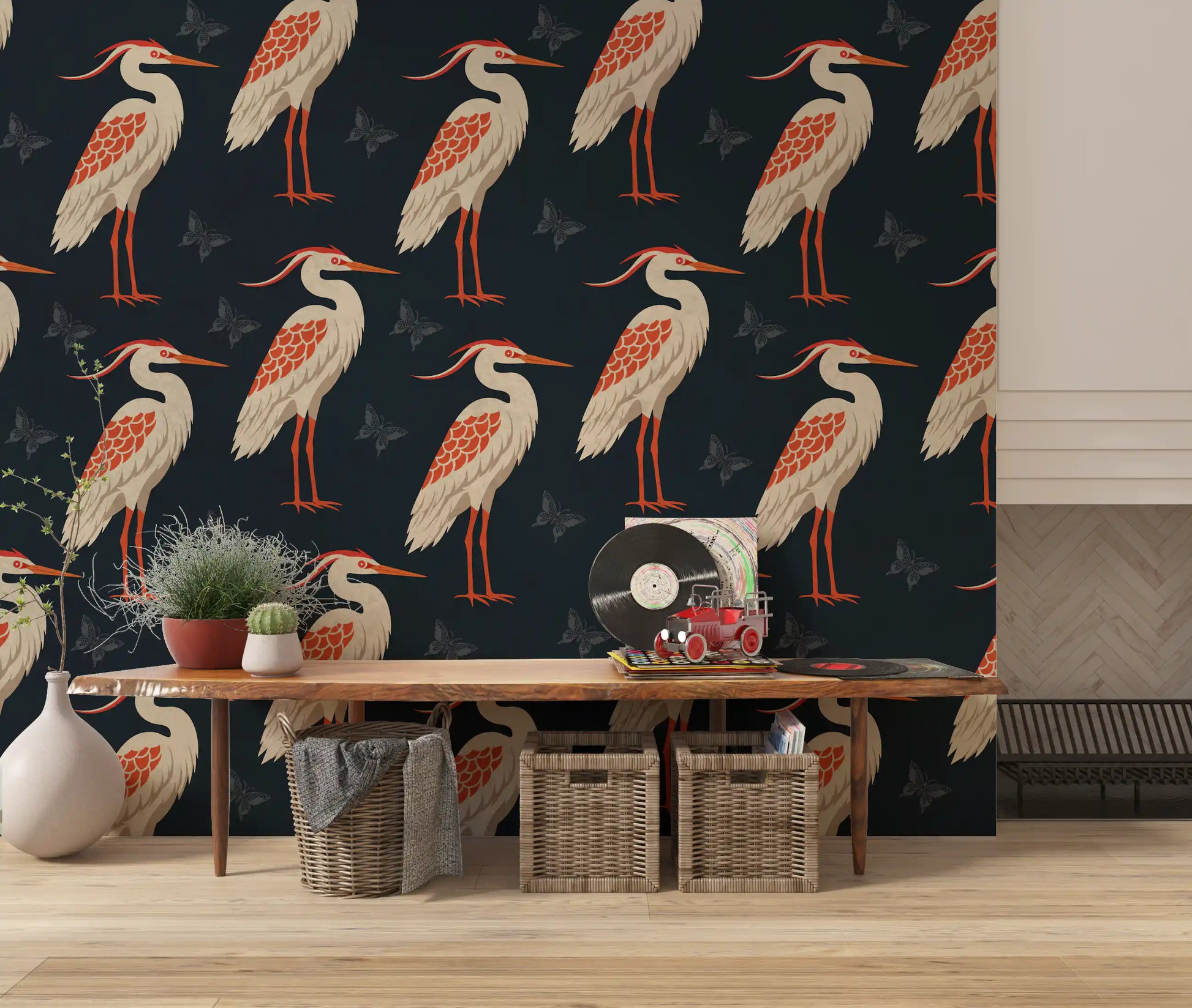 Navy Heron wall mural in a dark home 