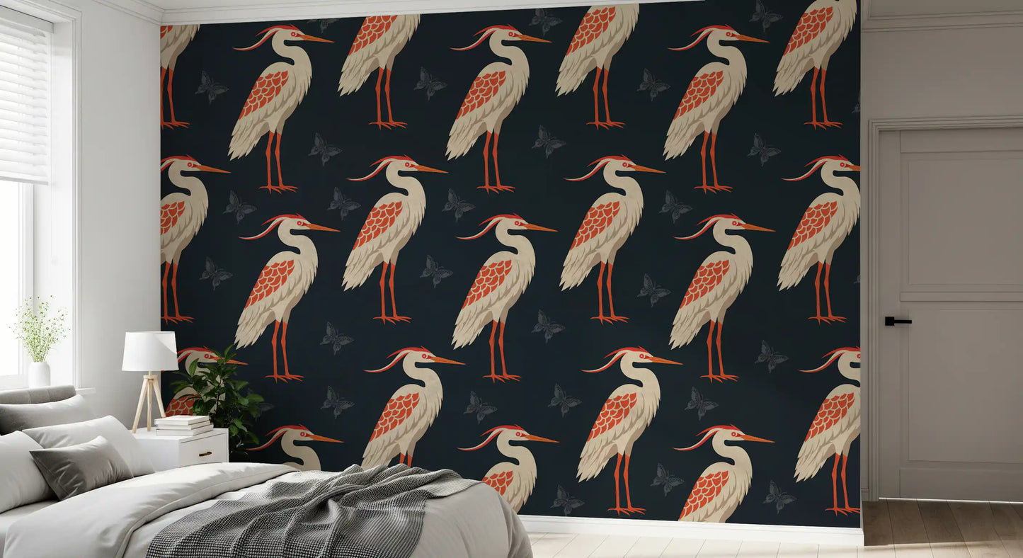 Heron wall mural in a polished guest bedroom