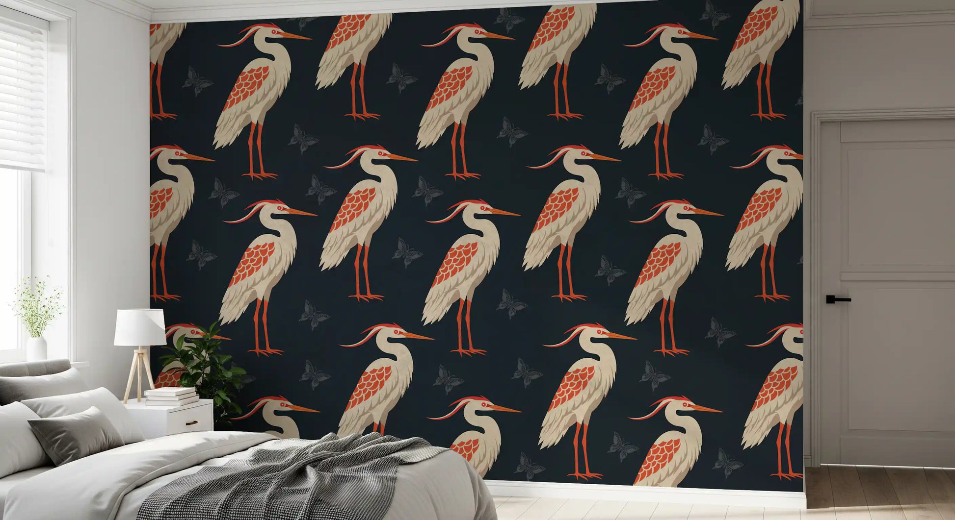Heron wall mural in a polished guest bedroom
