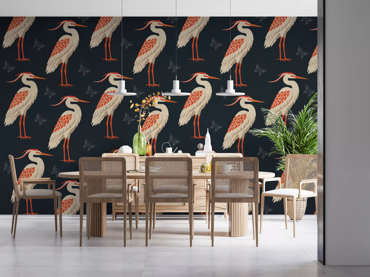 Butterfly heron wall mural in a dramatic Dining room 