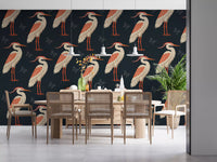 Butterfly heron wall mural in a dramatic Dining room 
