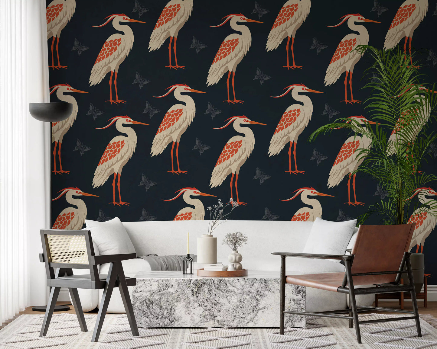 Navy butterflies wall mural in a luxury sitting room