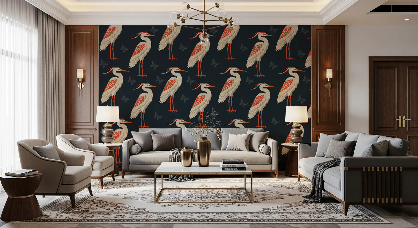 Navy heron wall mural in a boutique lounge area