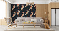 Navy heron wall mural in a moody Living room