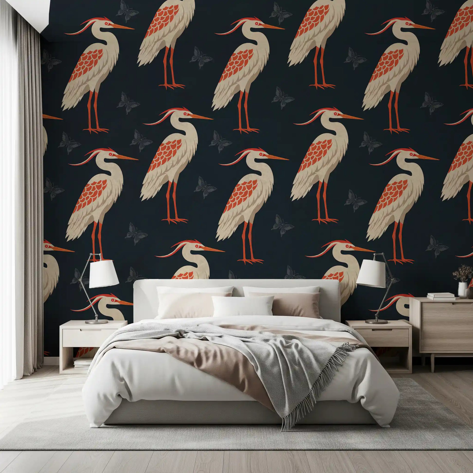 Navy heron wall mural in a modern bedroom