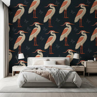 Navy heron wall mural in a modern bedroom