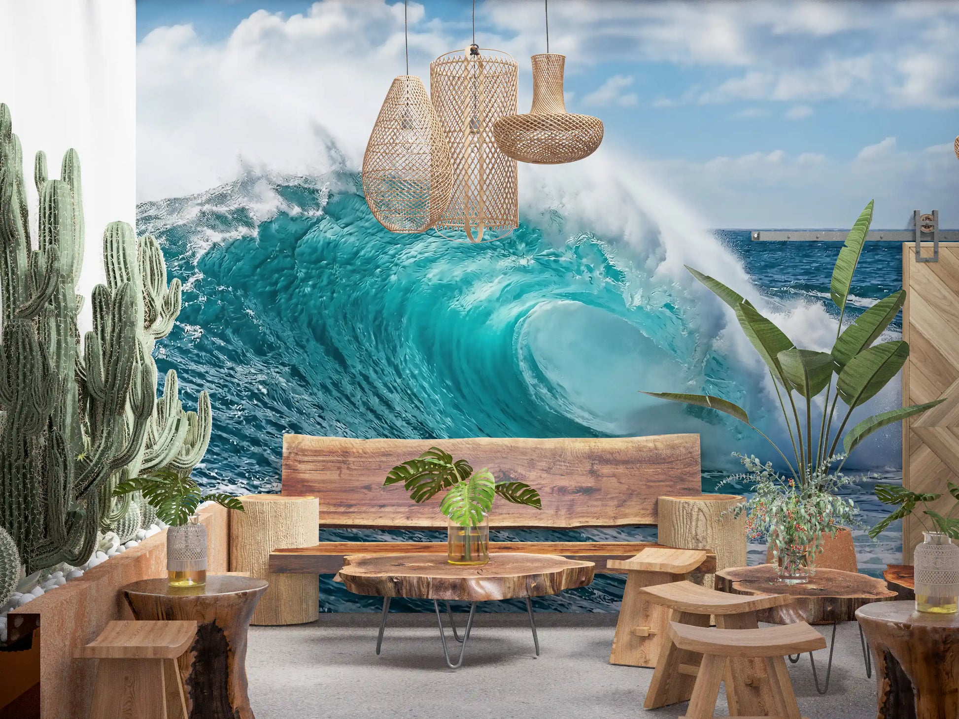 Turquoise wave wall mural in a lounge area  