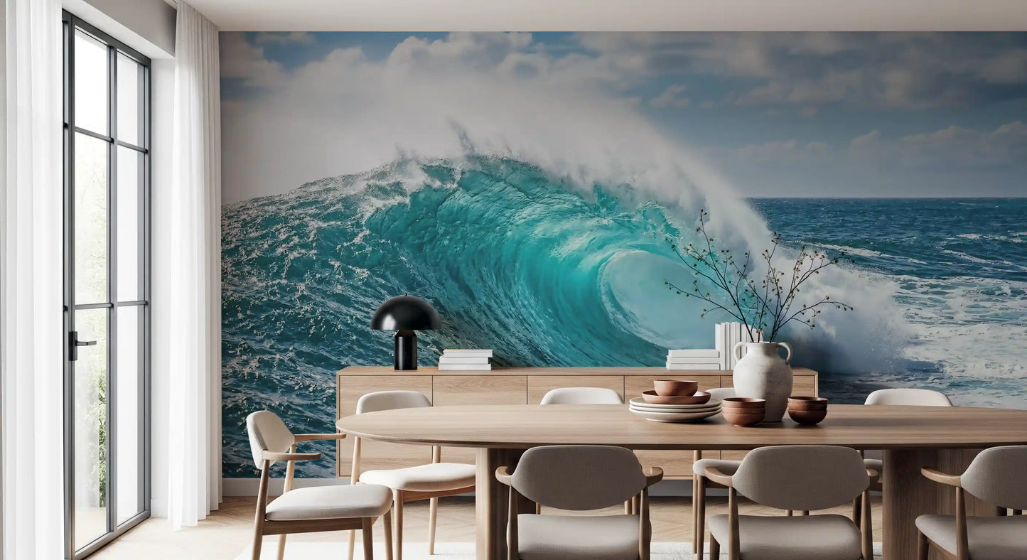 Ocean majesty wall mural behind a serene Dining room headboard