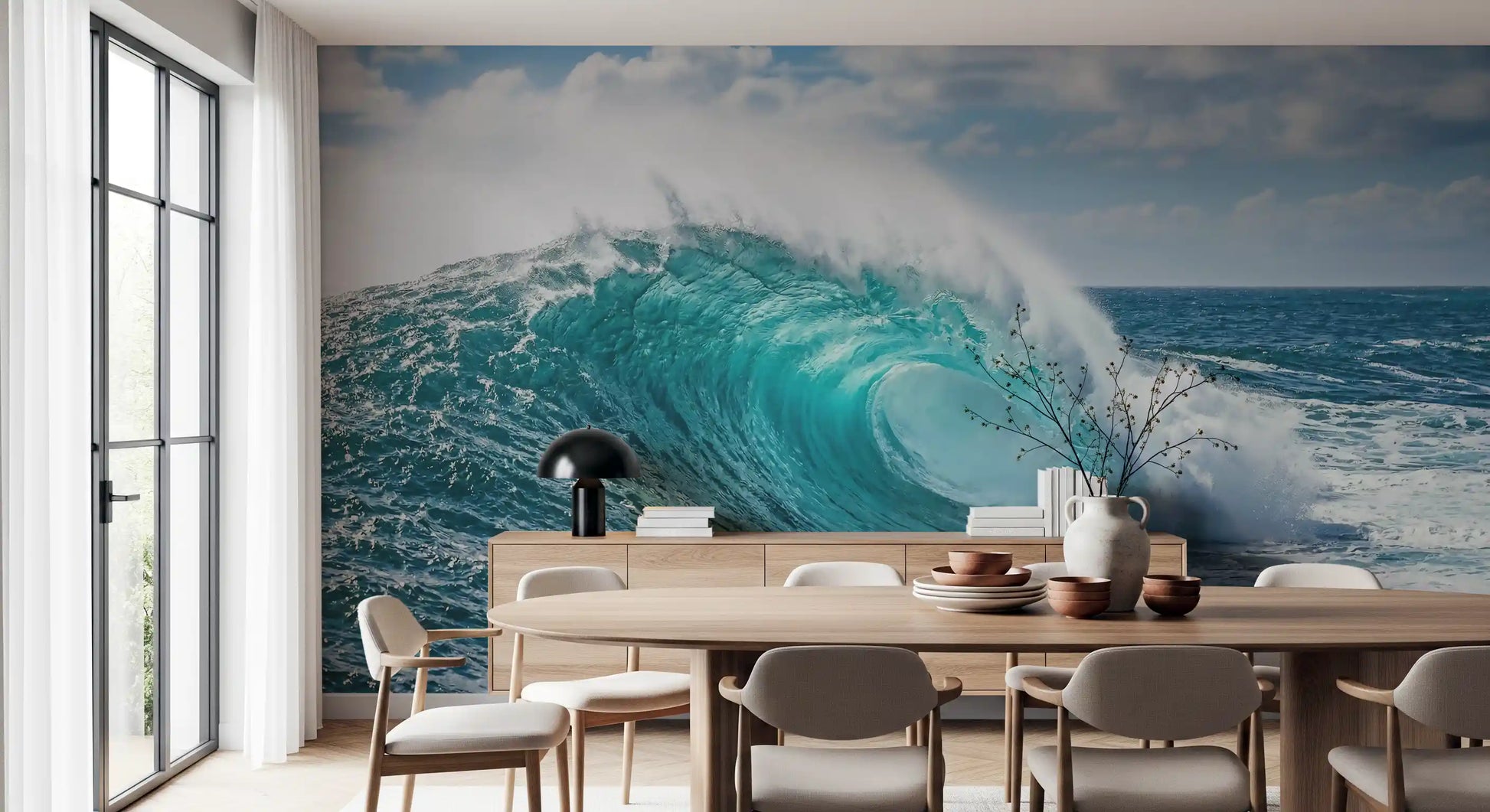 Ocean majesty wall mural behind a serene Dining room headboard