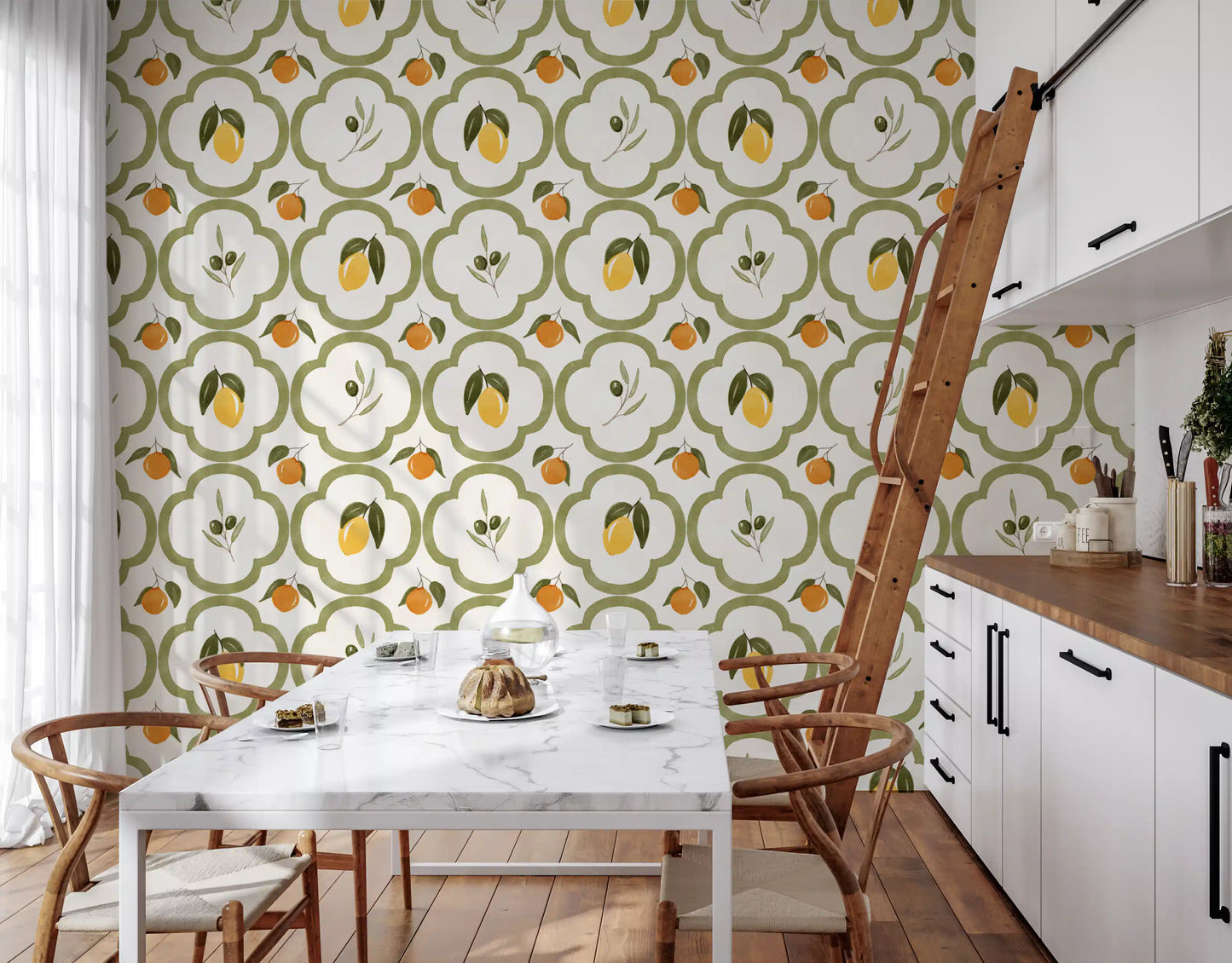 Mediterranean Harvest wallpaper in a stylish kitchen