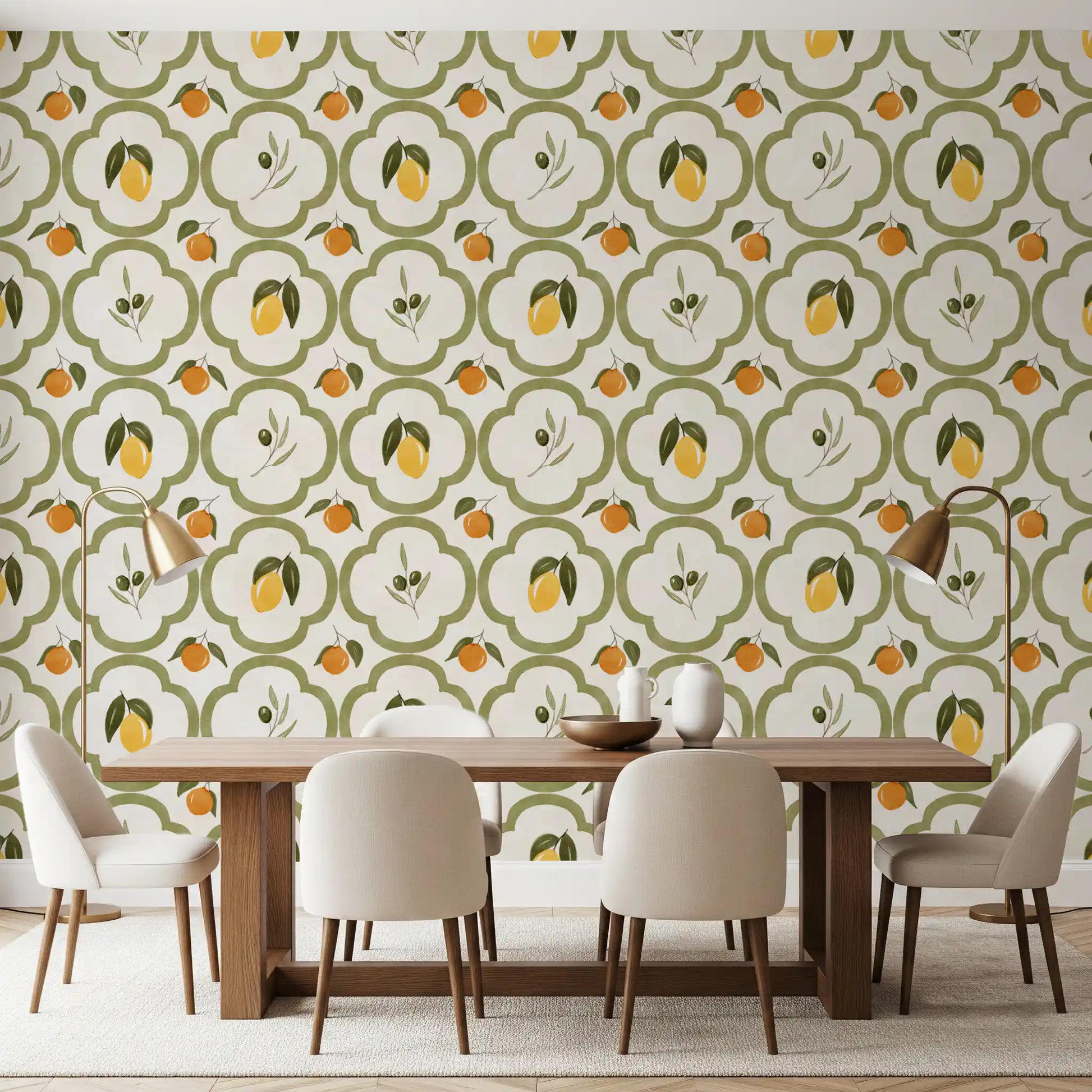 Harvest wallpaper in a warm dining space