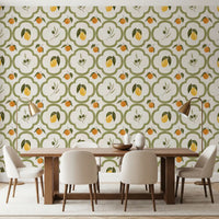 Harvest wallpaper in a warm dining space
