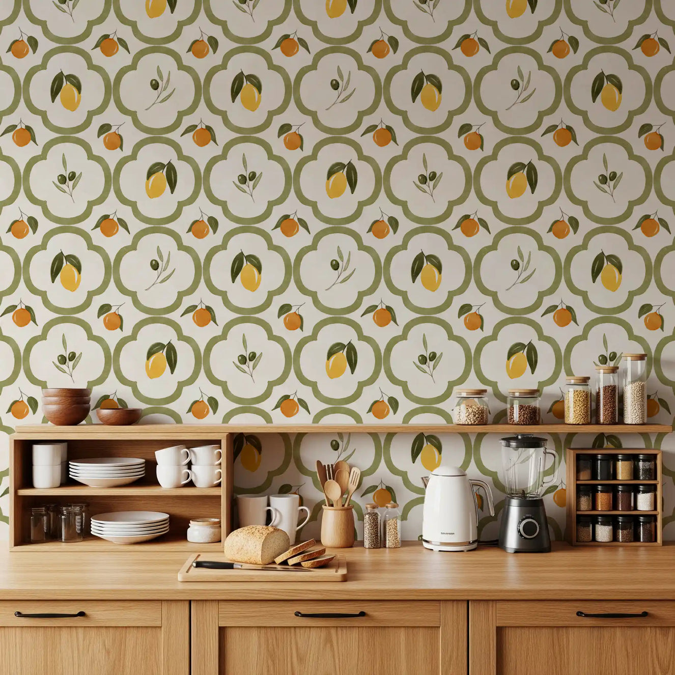 Mediterranean Harvest wallpaper in a bright kitchen