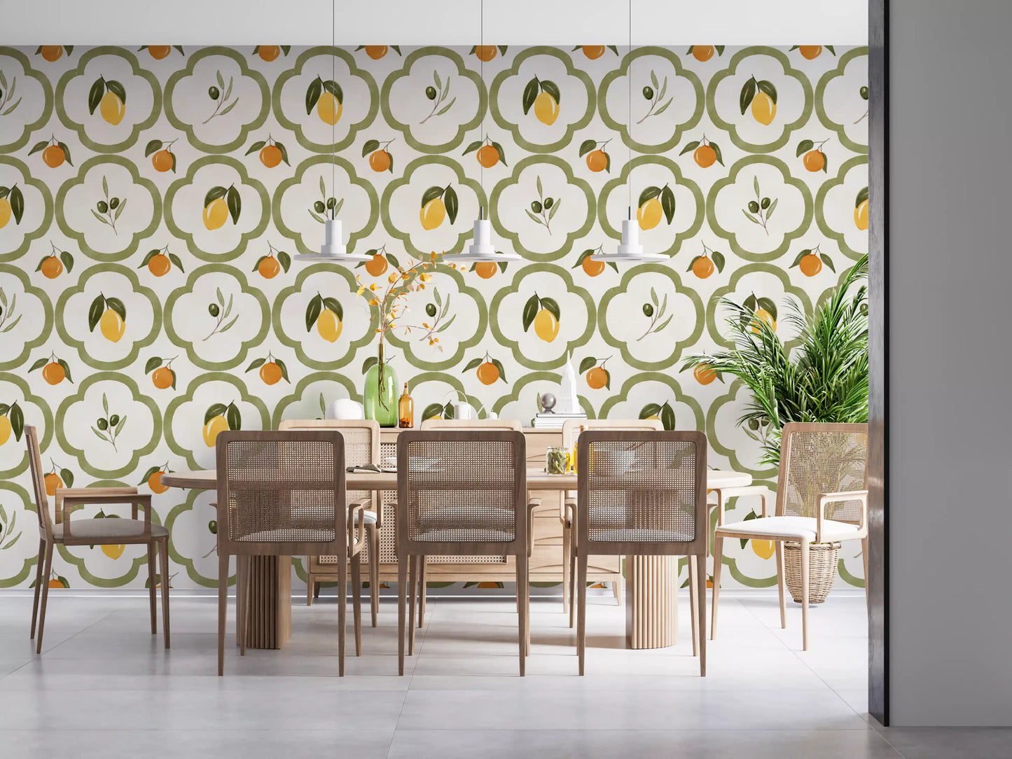 Mediterranean wallpaper in a rustic dining area