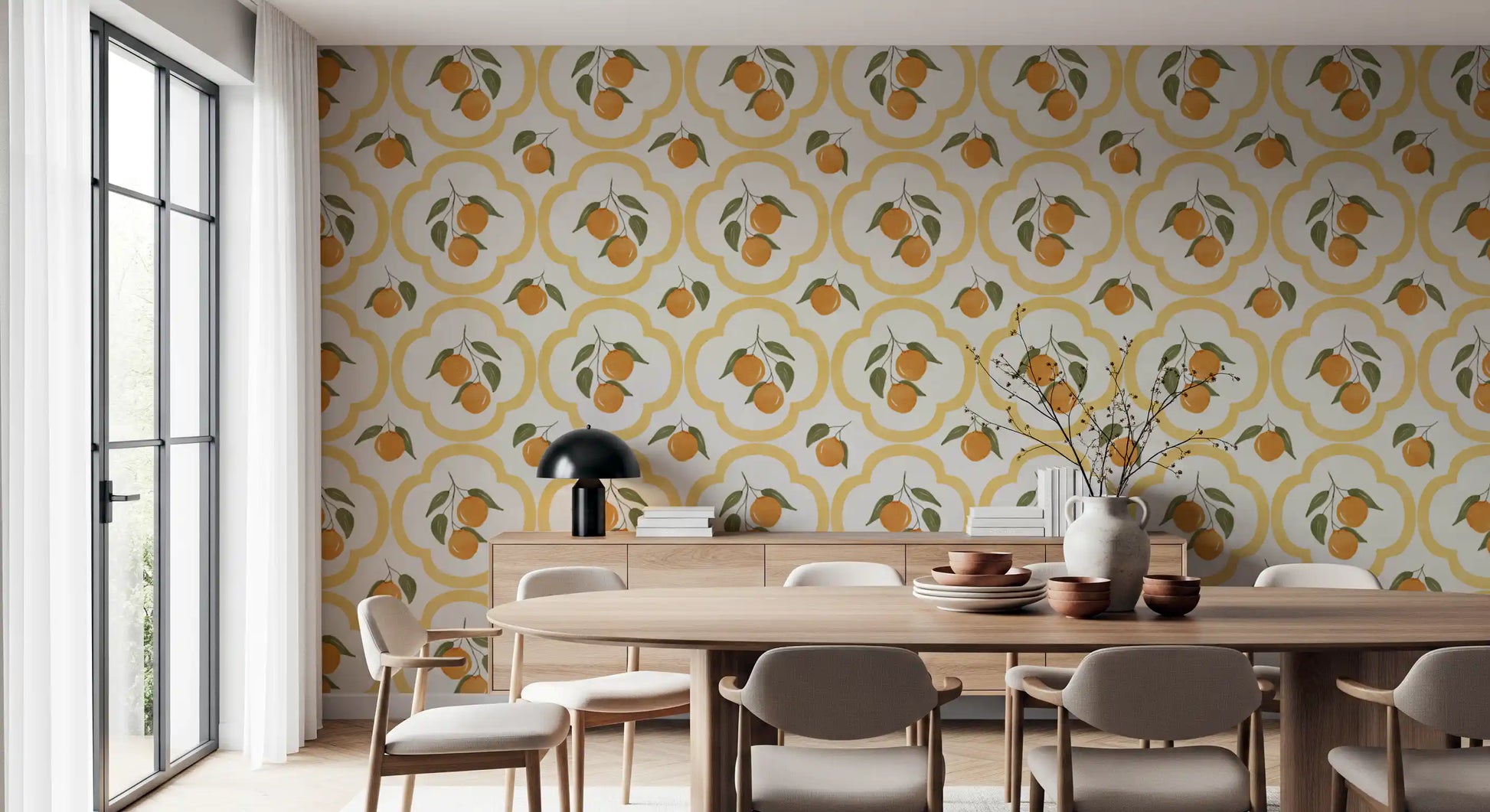 Mediterranean citrus wallpaper adding detail within a Dining interior