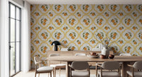 Mediterranean citrus wallpaper adding detail within a Dining interior