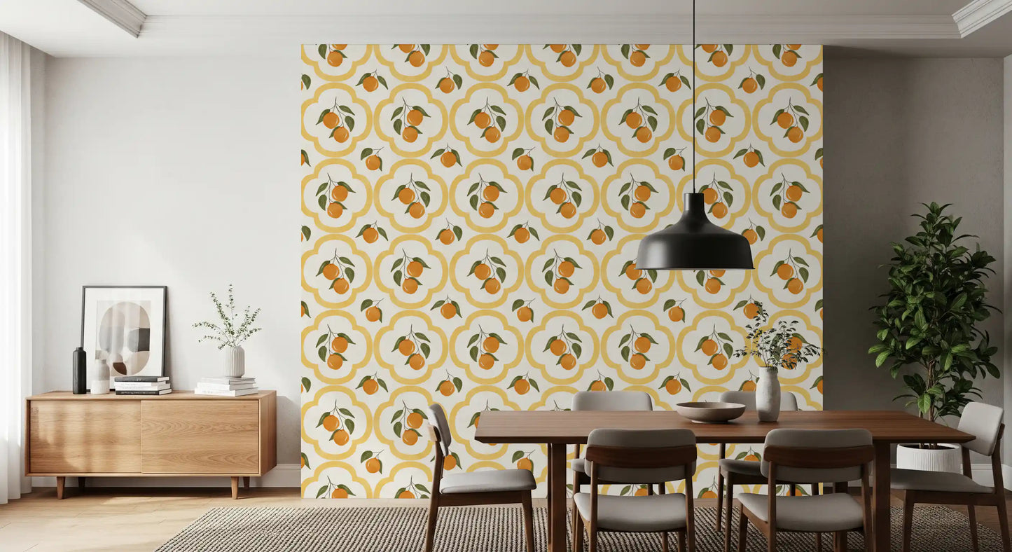 Orange fruit pattern wallpaper shaping a calm home office environment