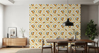 Orange fruit pattern wallpaper shaping a calm home office environment