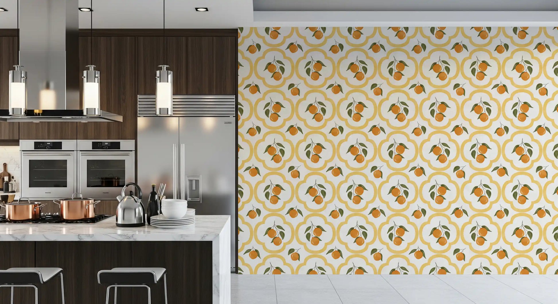 Mediterranean orange wallpaper complementing a clean kitchen backsplash