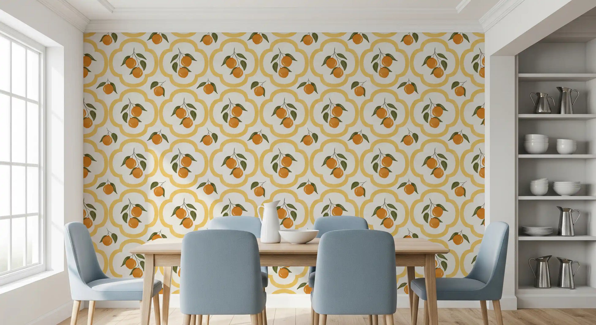 Orange motif wallpaper refining a Dining  setting