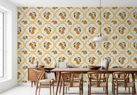 Yellow geometric citrus wallpaper enhancing a dining space atmosphere