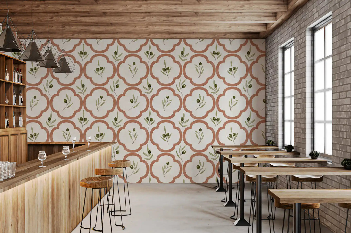 Mediterranean botanical wallpaper adding depth within a restaurants 