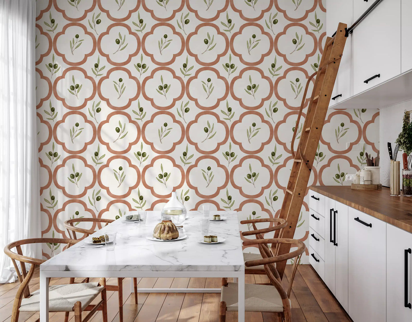 Terracotta olive design wallpaper enhancing a warm dining setting