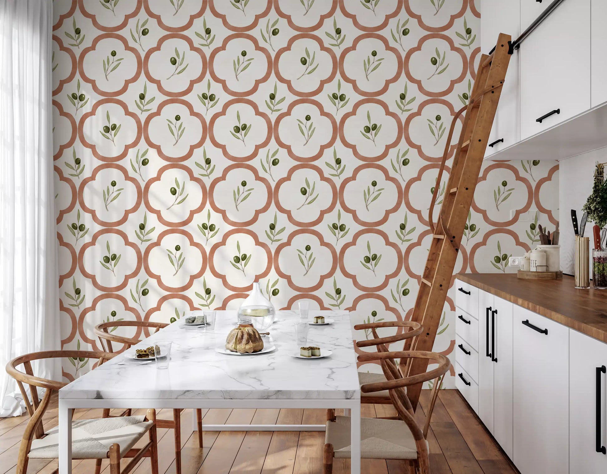 Terracotta olive design wallpaper enhancing a warm dining setting