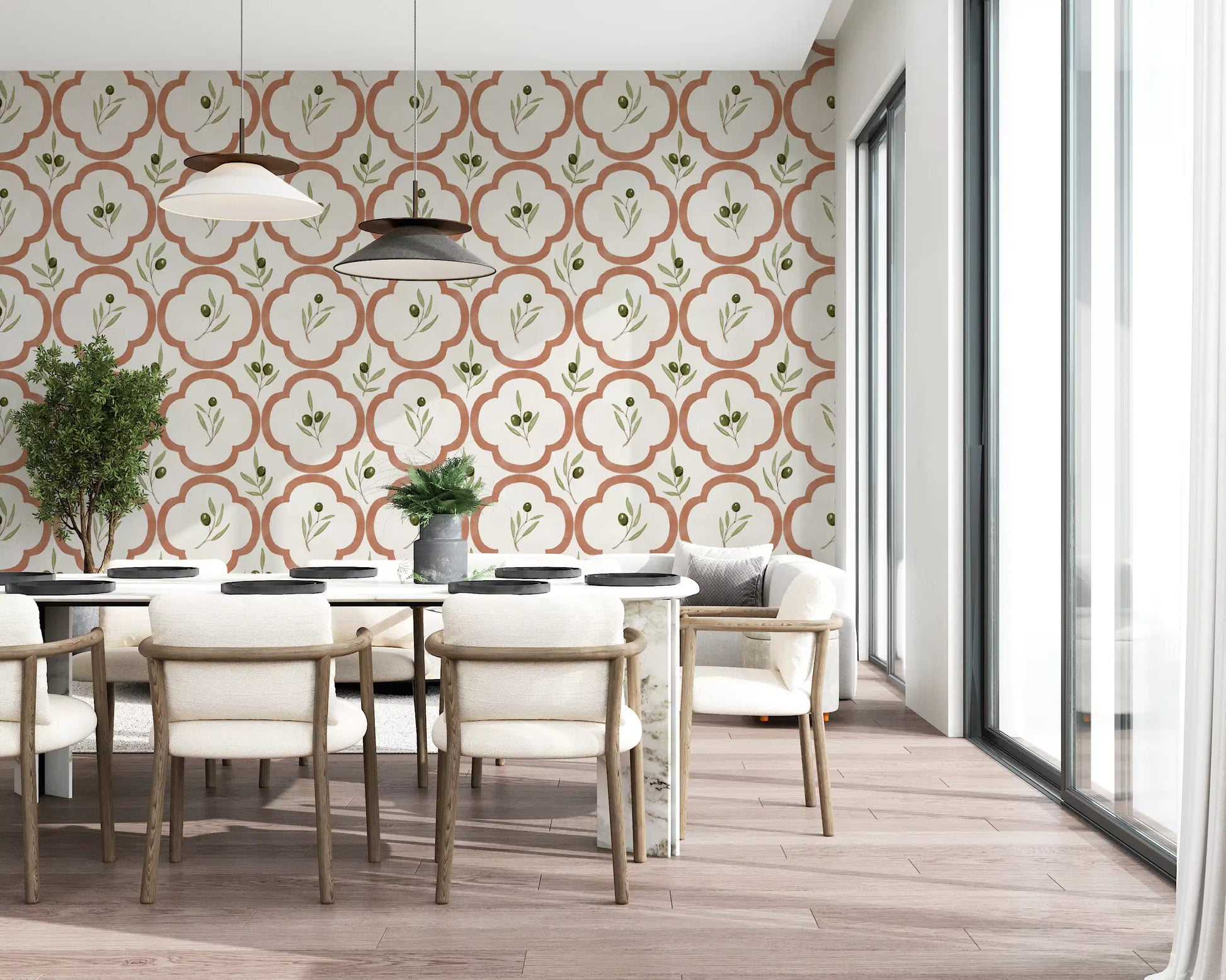 Natural olive wallpaper defining a relaxed lounge seating space