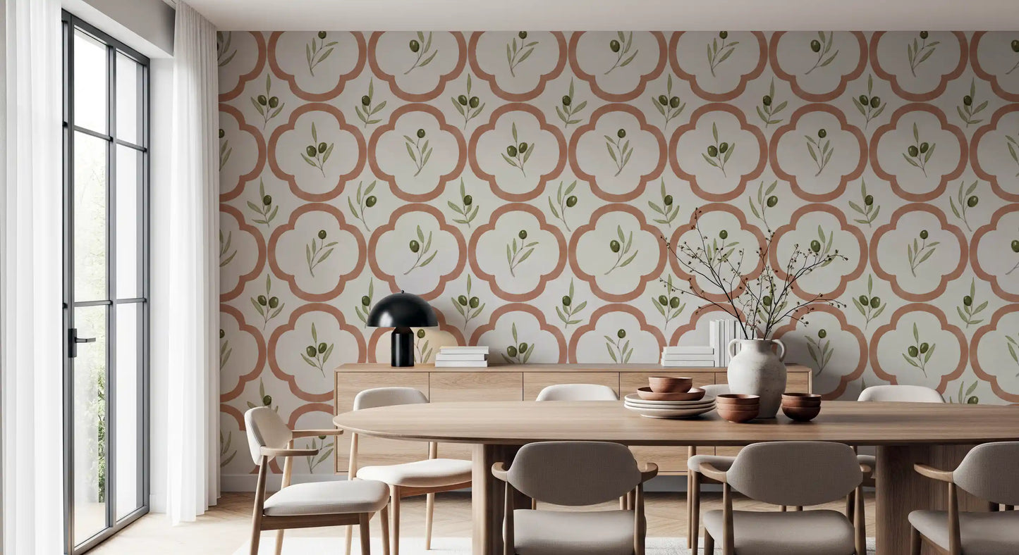 Mediterranean olive pattern wallpaper softening a cozy Dining interior