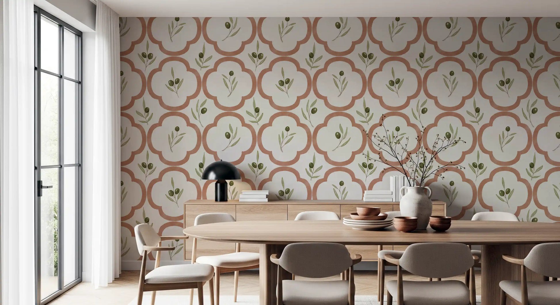 Mediterranean olive pattern wallpaper softening a cozy Dining interior