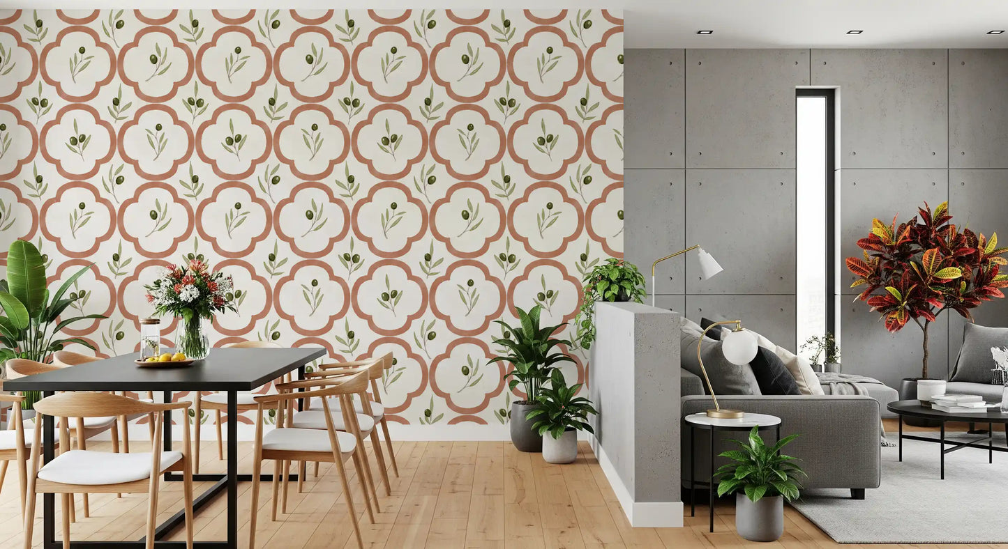 Olive branch wallpaper bringing a natural feel into a bright living room and dining room 