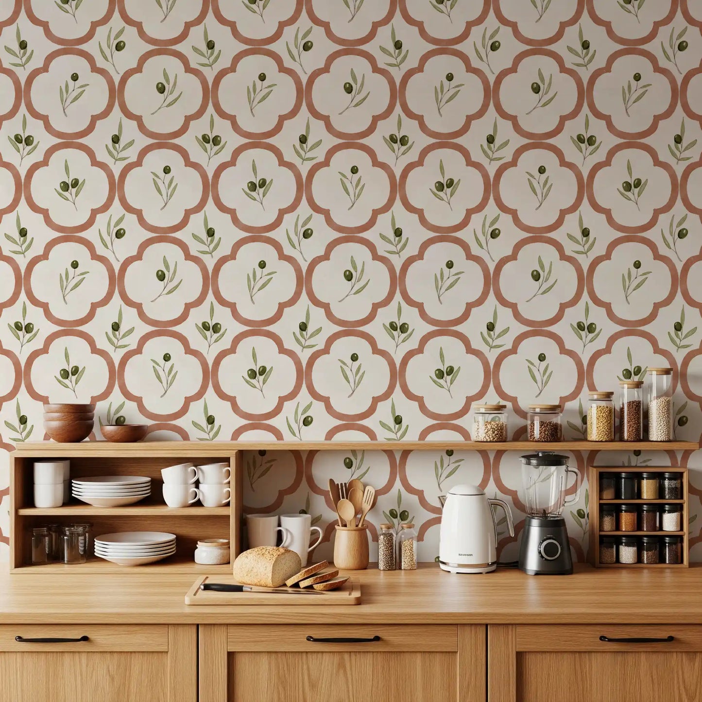 Olive leaf wallpaper refining a creative Kitchen interior