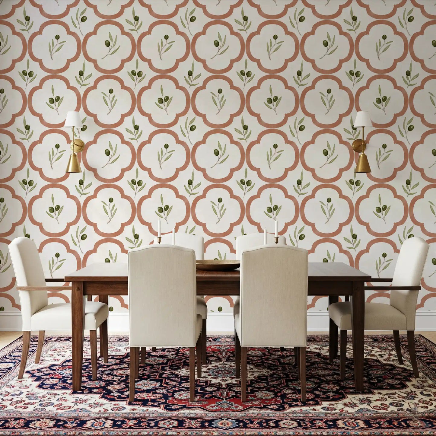 Mediterranean olive print wallpaper dining area with earthy tones