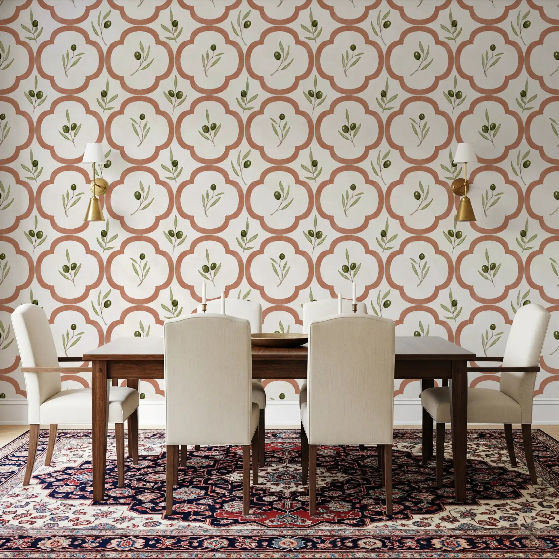Mediterranean olive print wallpaper dining area with earthy tones