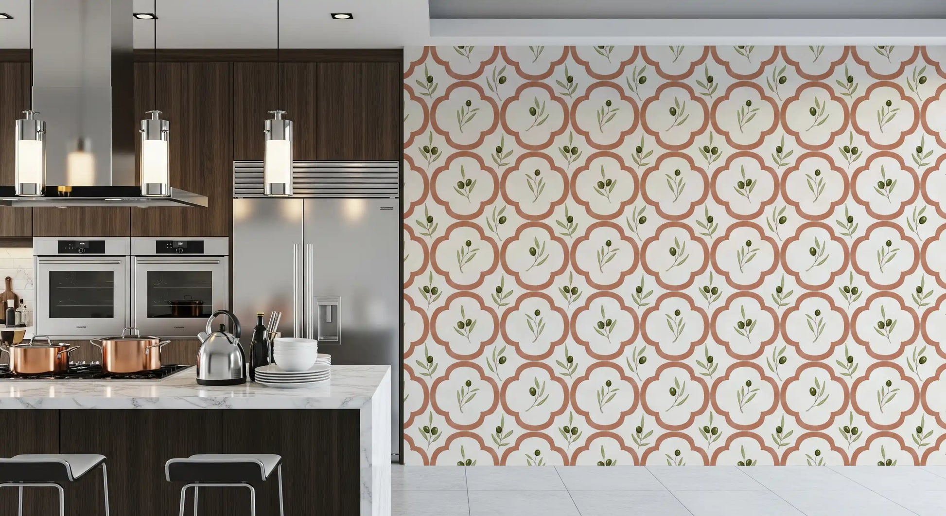 Olive motif wallpaper shaping a calm Kitchen atmosphere