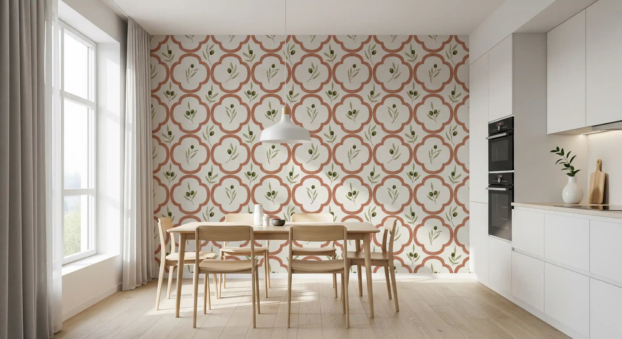 Botanical olive wallpaper complementing a clean kitchen backsplash Dining area