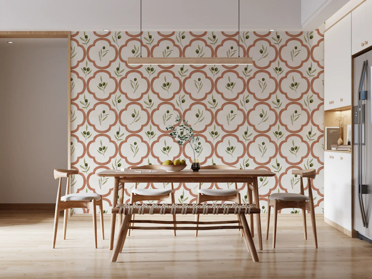Olive branch pattern wallpaper enriching a compact Dining room 