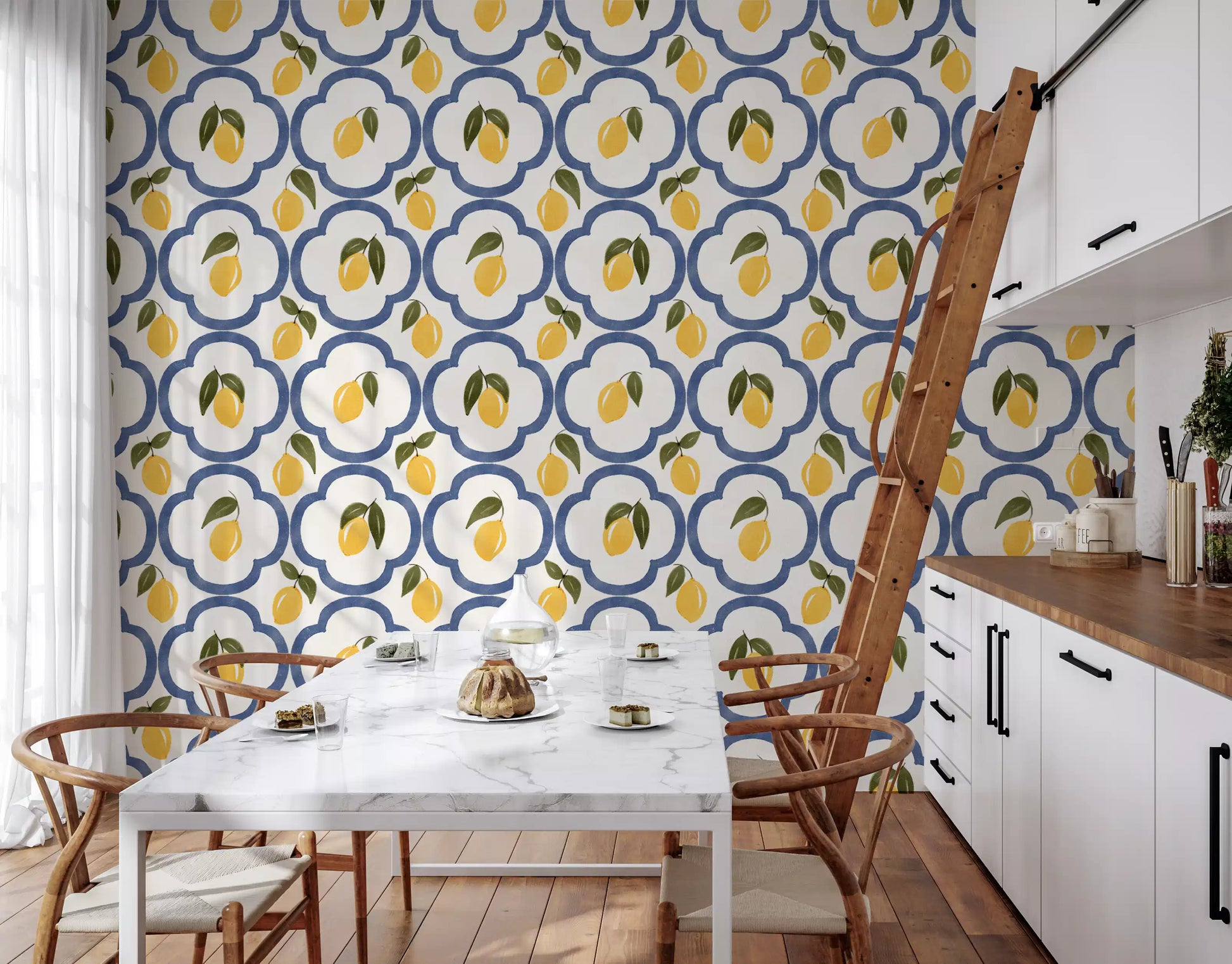 Mediterranean citrus wallpaper shaping a calm Kitchen dining space 