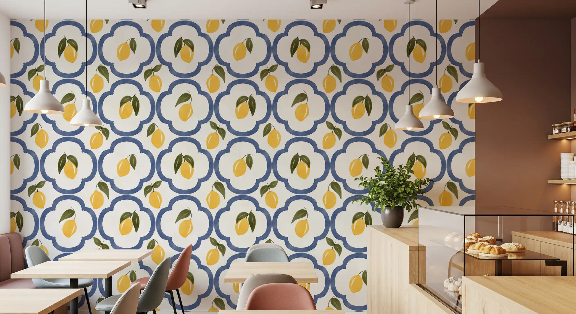 lemon pattern wallpaper adding freshness inside a cozy restaurants 