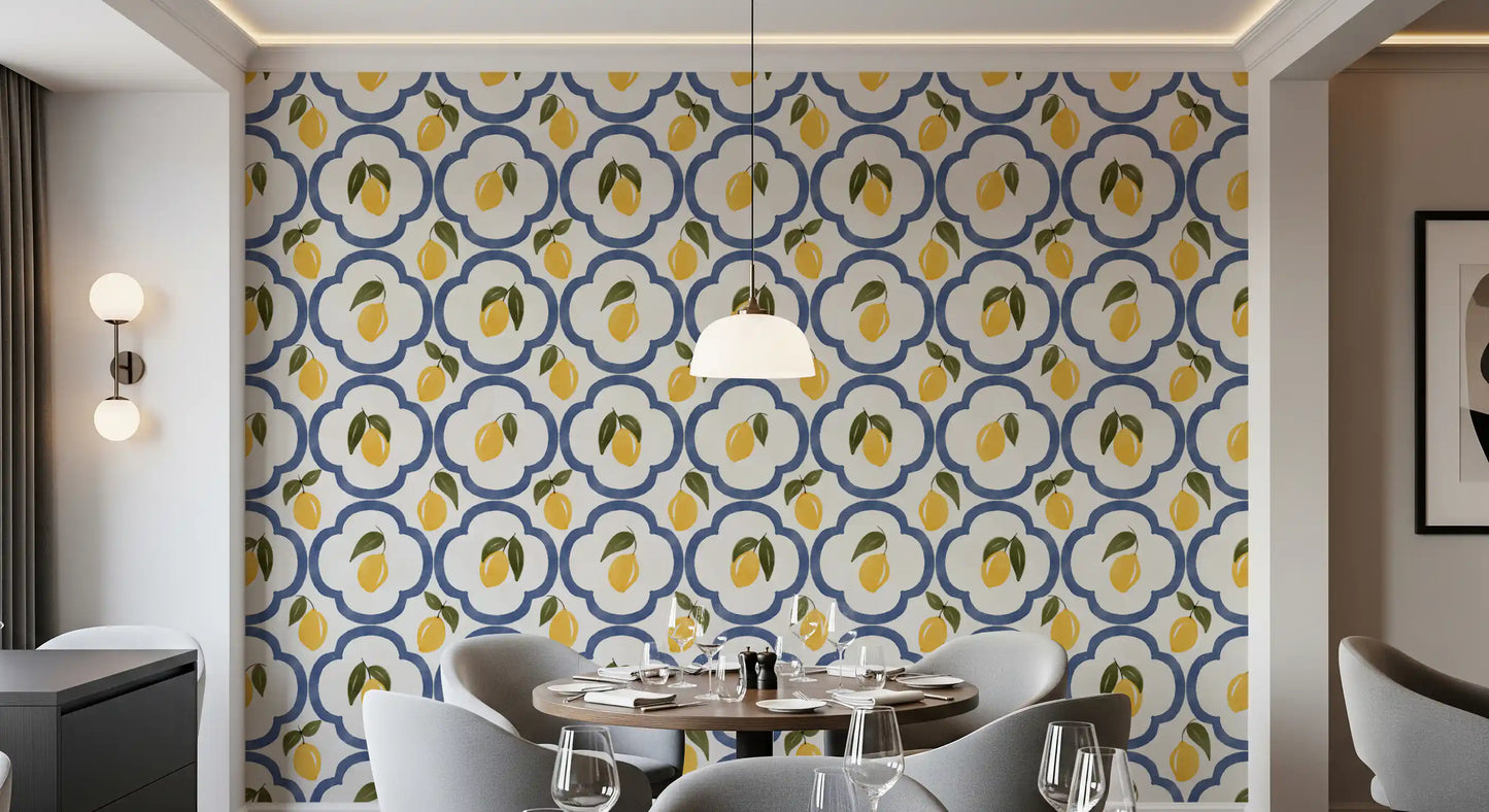Blue geometric lemon wallpaper enhancing a dining space atmosphere