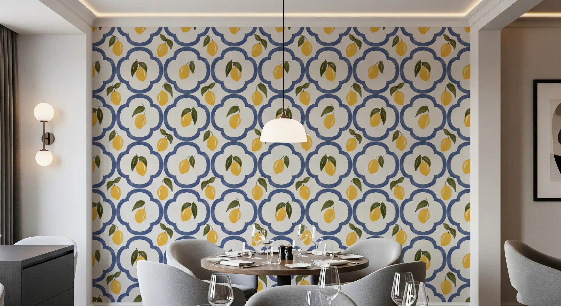 Blue geometric lemon wallpaper enhancing a dining space atmosphere