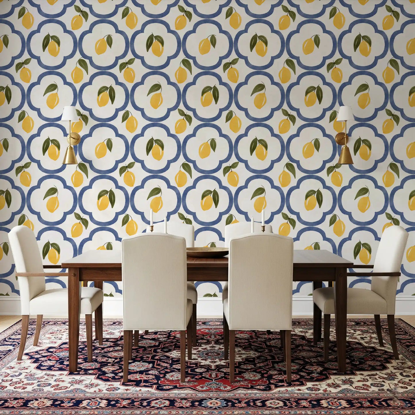 Mediterranean lemon wallpaper brightening a modern Dining room setting