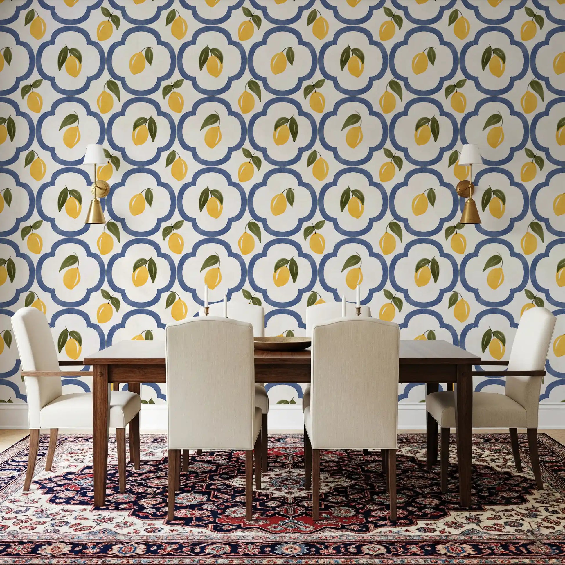 Mediterranean lemon wallpaper brightening a modern Dining room setting