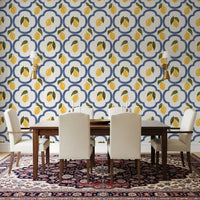 Mediterranean lemon wallpaper brightening a modern Dining room setting