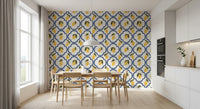 Lemon pattern wallpaper adding charm within a narrow Dining layout