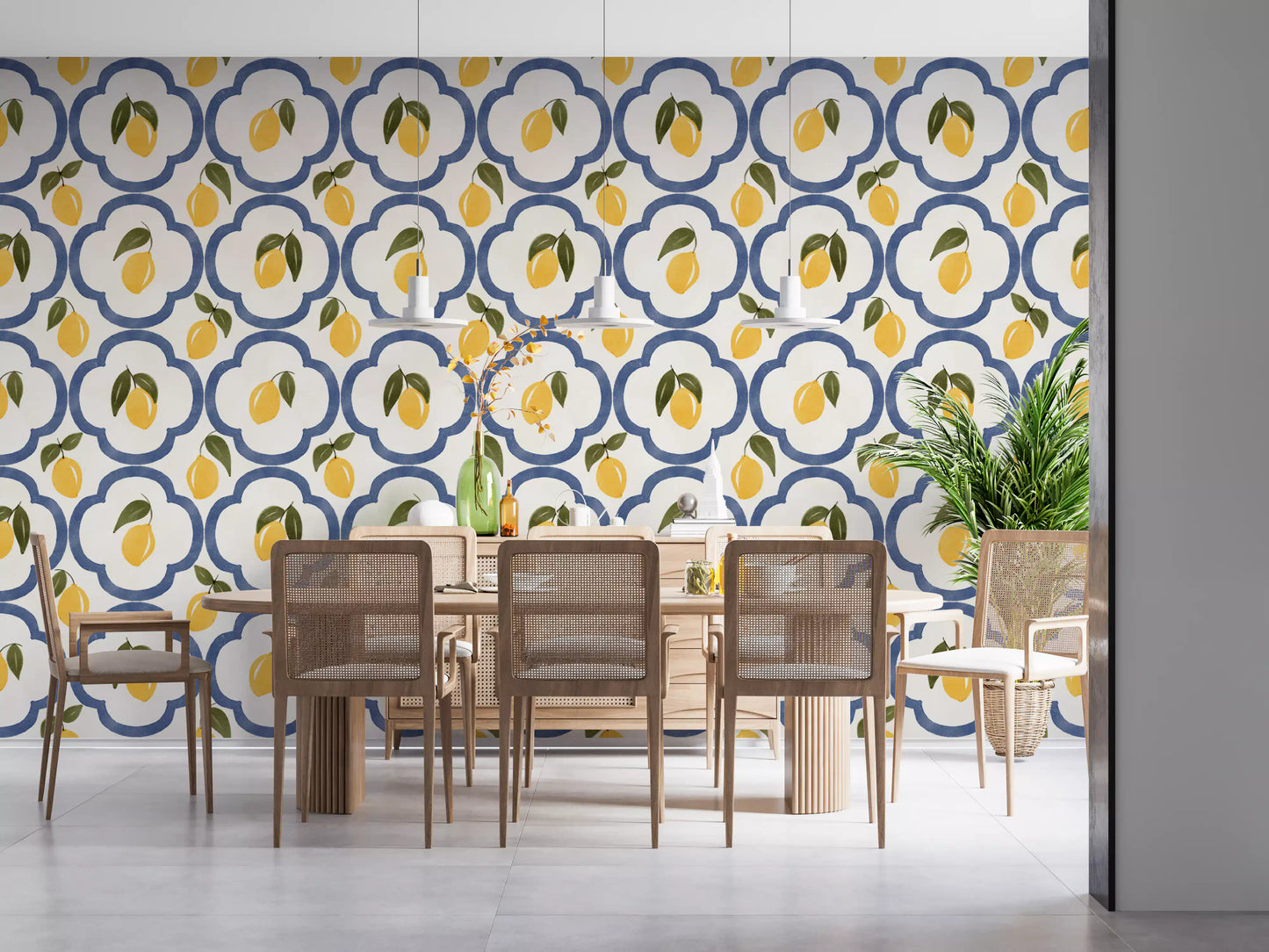 Lemon themed wallpaper complementing a stylish kitchen Dining area