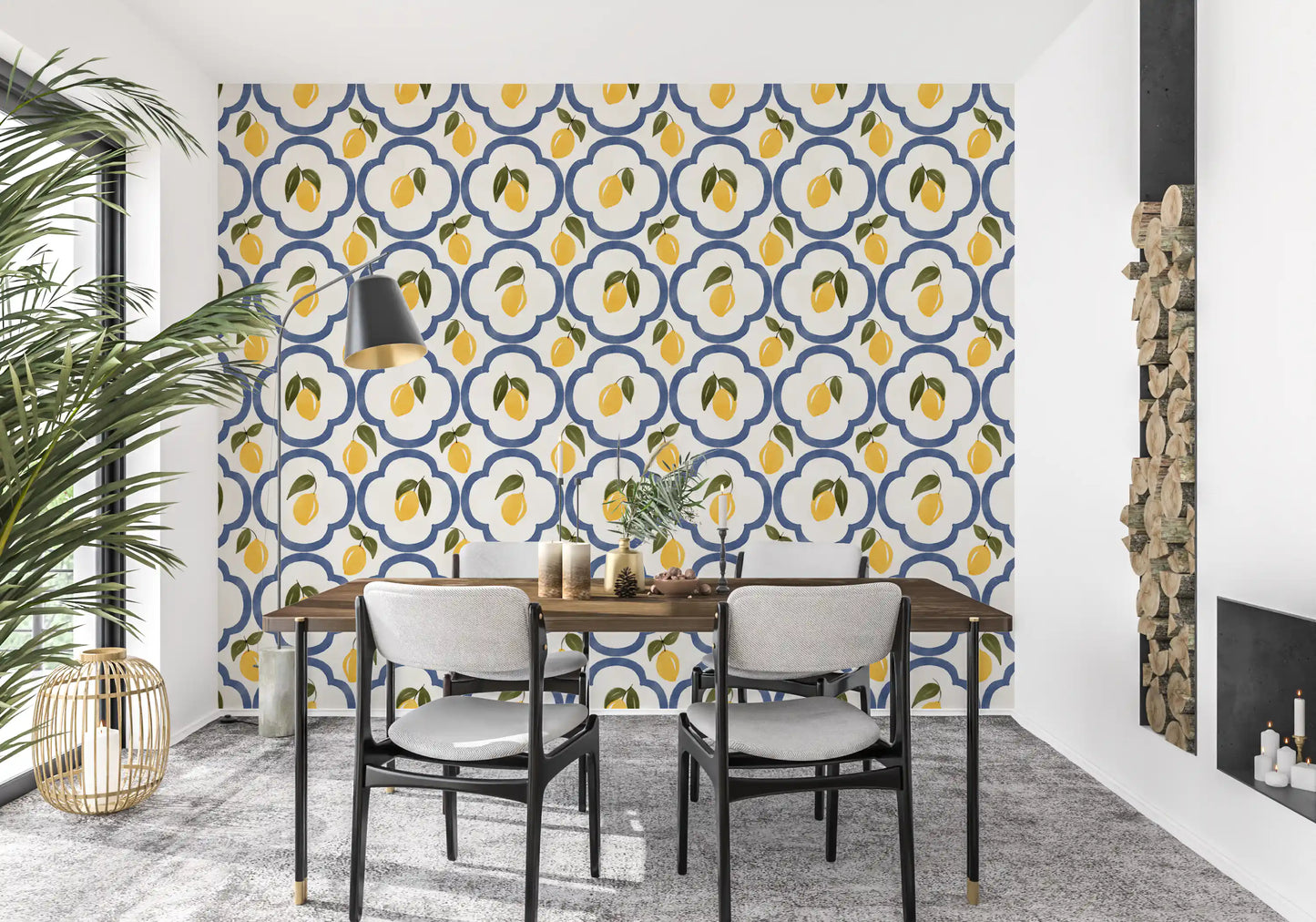 Fresh lemon print wallpaper defining a relaxed dining space